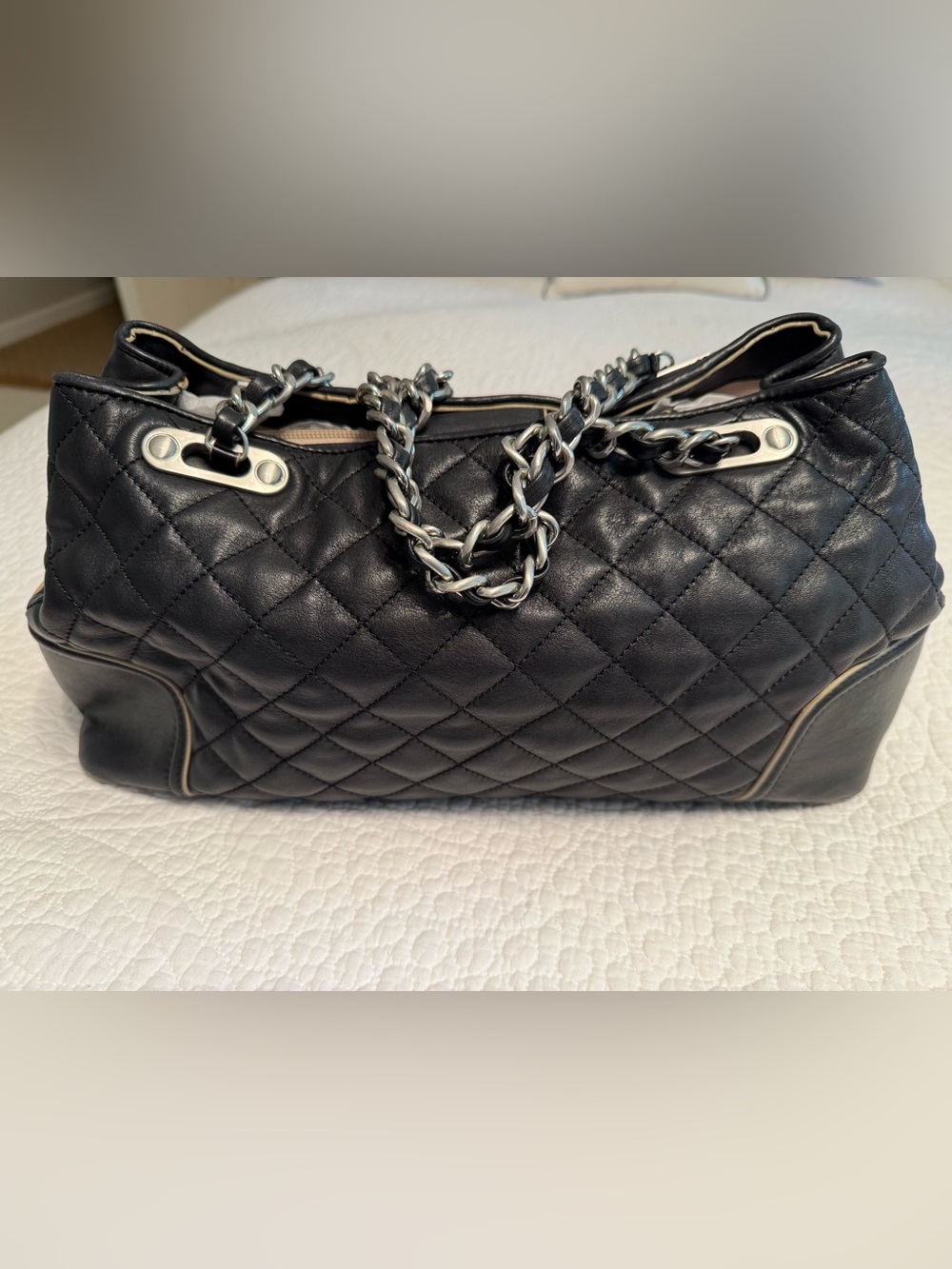 Talbots Black Quilted Leather Shoulder Bag with Chain Straps